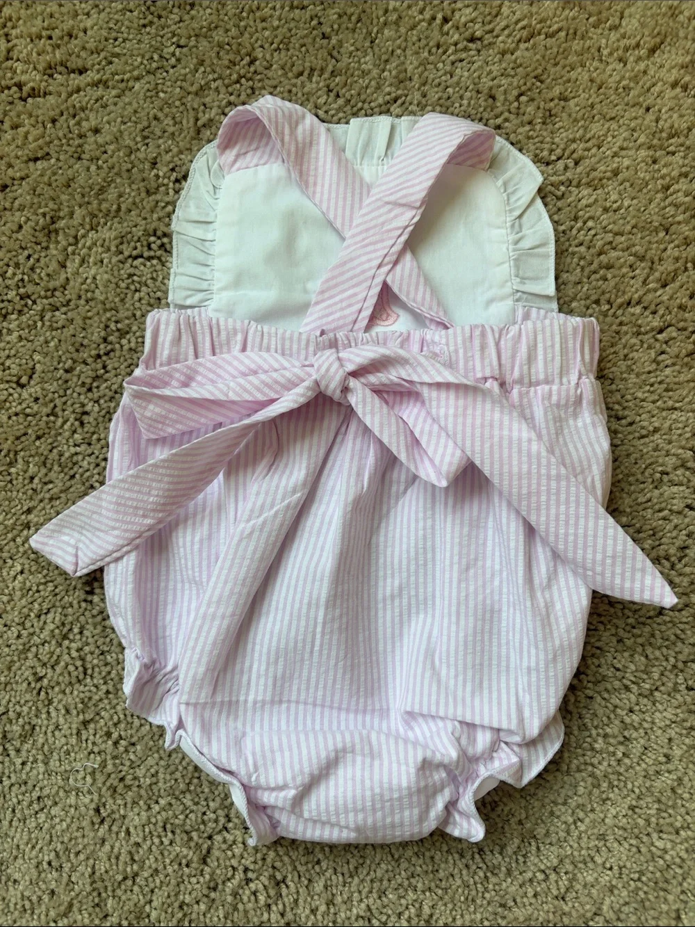 Infant Pink Stripe Monogram L Romper - Classic Ruffle Baby One-Piece